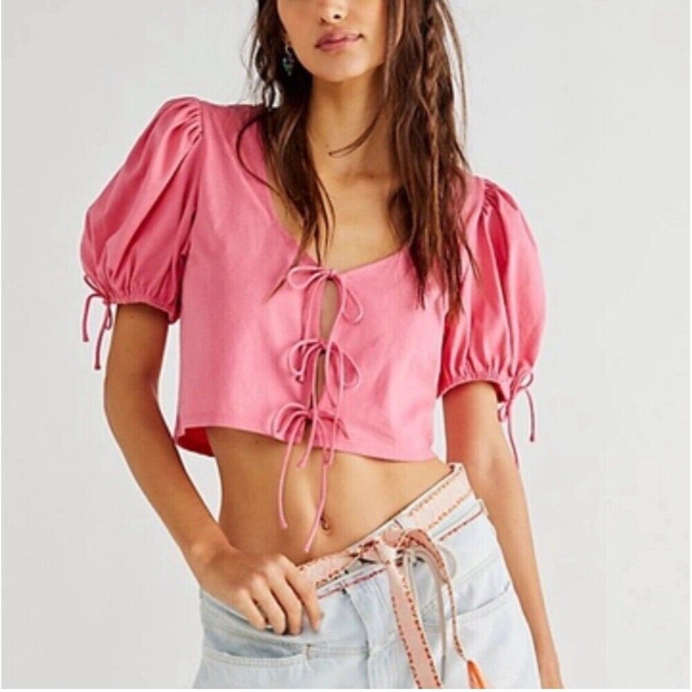 Free People Kitty Crop Tee Velvet Rose pink Crop Top Tie Front Puff Sleeve SZ S